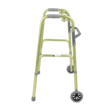 Widok z boku na zieloną podpórkę 2-kołową JMC-C 3016W5 z widocznymi, szarymi, ergonomicznymi uchwytami do rąk