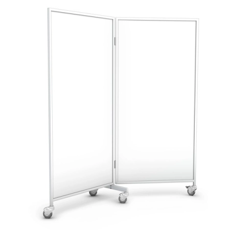 Biały mobilny parawan dwuskrzydłowy z poliwęglanu PC (2x70 cm) na lekkim, aluminiowym stelażu z kołami z blokadą.