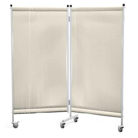Mobilny parawan medyczny dwuskrzydłowy (2x70 cm) z aluminiowym stelażem, wodoodpornymi zasłonkami i kołami z blokadą.