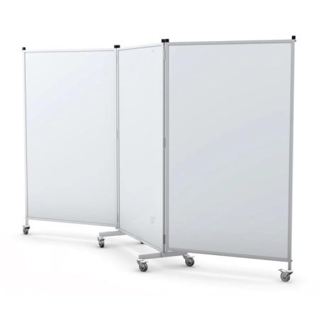 Mobilny parawan trzyskrzydłowy z poliwęglanu PC na aluminiowym stelażu, przeznaczony do gabinetów rehabilitacyjnych.