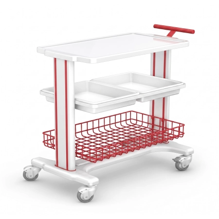 Mobilny stolik oddziałowy z blatem ABS, dwiema kuwetami z tworzywa i dolną półką koszową na lekkim stelażu aluminiowym.