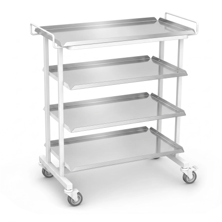 Modułowy stolik oddziałowy na stelażu aluminiowym z czterema kaskadowymi blatami ze stali 0H18N9 z podniesionym rantem.