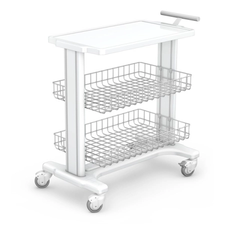 Lekki wózek zabiegowy z blatem ABS i dwiema głębokimi półkami koszowymi 90 mm na aluminiowym stelażu w kolorach RAL.