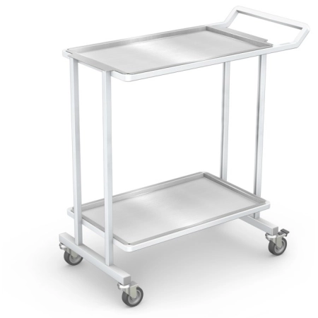 Mobilny stolik oddziałowy z dwiema tacami ze stali kwasoodpornej (w tym jedną wyjmowaną), aluminiowo-stalowym stelażem i