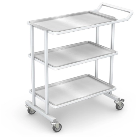 Mobilny stolik oddziałowy z trzema wyjmowanymi tacami ze stali kwasoodpornej, lakierowanym stelażem aluminiowo-stalowym