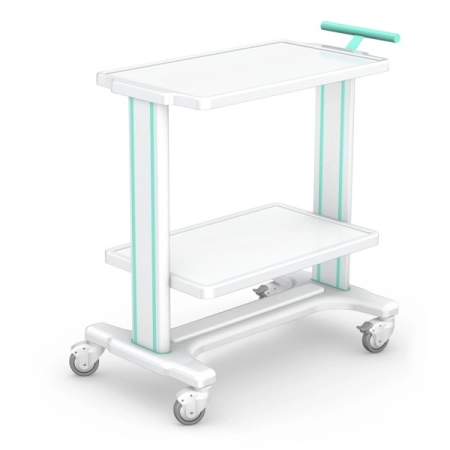 Mobilny stolik oddziałowy z blatem i półką z tworzywa ABS, aluminiowy stelaż z kanałami montażowymi pod akcesoria, biała