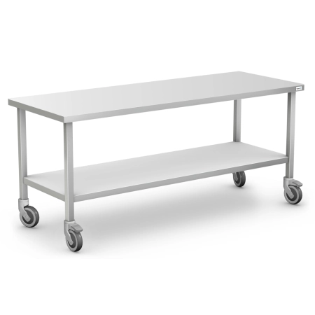 Wąski, mobilny stół gastronomiczny o wymiarach 800x500 mm ze stali kwasoodpornej 0H18N9, wyposażony w dwa płaskie blaty,