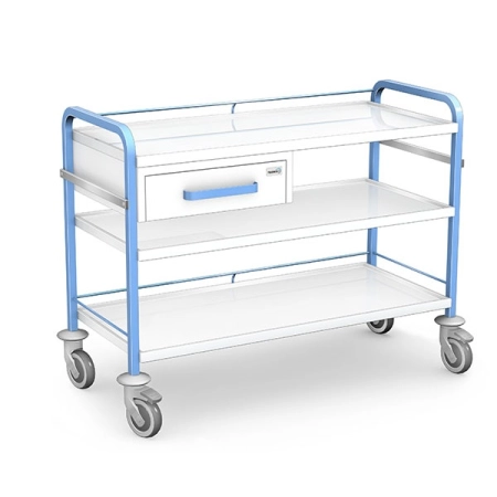 Wielkogabarytowy stalowy wózek zabiegowy z szufladą, trzema szerokimi półkami (110 cm) i mobilnym układem jezdnym 100 mm