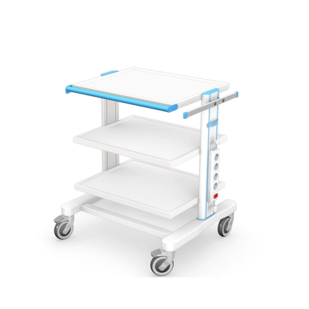 Zoptymalizowany stojak pod aparaturę medyczną z 3 półkami 500x500 mm, listwą zasilającą, kołami 100 mm i aluminiowym pro