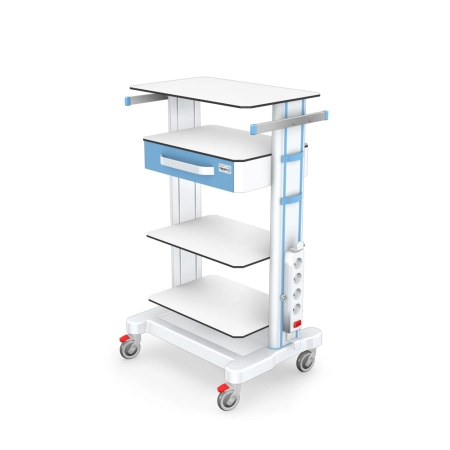 Mobilny stolik pod aparat do EKG z blatami z laminatu HPL, szufladą, szynami instrumentalnymi, listwą zasilającą i osłon