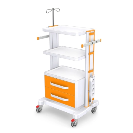 Mobilny stolik pod aparaturę medyczną wersja LUX z profilem aluminiowym, szafką z dwiema szufladami, szynami instrumenta