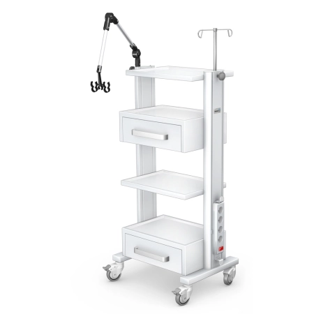 Wysoki mobilny stolik pod aparaturę medyczną (120 cm) z dwiema szufladami, dwiema półkami, wysięgnikiem na kable i listw