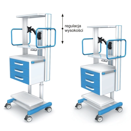 Zoptymalizowana, elektrycznie regulowana stacja aparaturowa (163-200 cm) z modułem 3 szuflad (600 mm), ramieniem monitor