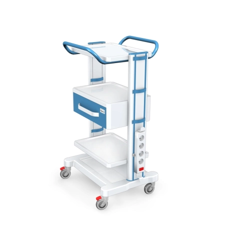 Mobilny stolik pod aparat do fizykoterapii z aluminiowym profilem nośnym, szufladą, dwiema półkami, listwą zasilającą i