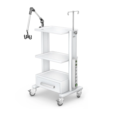 Mobilny stolik pod aparaturę medyczną z aluminiowym profilem nośnym, dwiema półkami, szufladą, wysięgnikiem na kable i l