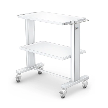 Mobilny stolik pod aparaturę medyczną z szerokimi blatami 700x400 mm, aluminiowym profilem nośnym i podwójnym uchwytem d